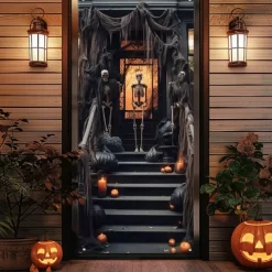 Halloween Door Cover Outdoor Banners Skeleton 3D Psychedelic Party Outdoor Shooting Backgrounds Front Door Wall Porch Decorations Wall Door Background