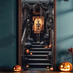 Halloween Door Cover Outdoor Banners Skeleton 3D Psychedelic Party Outdoor Shooting Backgrounds Front Door Wall Porch Decorations Wall Door Background