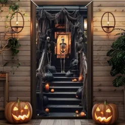 Halloween Door Cover Outdoor Banners Skeleton 3D Psychedelic Party Outdoor Shooting Backgrounds Front Door Wall Porch Decorations Wall Door Background