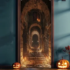 Halloween Door Cover Outdoor Banners Skeleton 3D Psychedelic Party Outdoor Shooting Backgrounds Front Door Wall Porch Decorations Wall Door Background