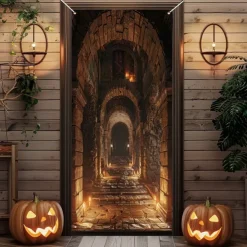 Halloween Door Cover Outdoor Banners Skeleton 3D Psychedelic Party Outdoor Shooting Backgrounds Front Door Wall Porch Decorations Wall Door Background