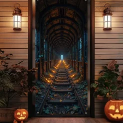 Halloween Door Cover Outdoor Banners Skeleton 3D Psychedelic Party Outdoor Shooting Backgrounds Front Door Wall Porch Decorations Wall Door Background