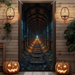 Halloween Door Cover Outdoor Banners Skeleton 3D Psychedelic Party Outdoor Shooting Backgrounds Front Door Wall Porch Decorations Wall Door Background