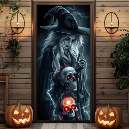 Halloween Door Cover Outdoor Banners Witch Psychedelic Dark Punk Gothic Style Party Outdoor Shooting Backgrounds Front Door Wall Porch Decorations Wall Door Background