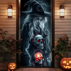 Halloween Door Cover Outdoor Banners Witch Psychedelic Dark Punk Gothic Style Party Outdoor Shooting Backgrounds Front Door Wall Porch Decorations Wall Door Background