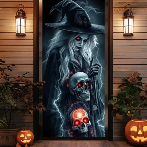 Halloween Door Cover Outdoor Banners Witch Psychedelic Dark Punk Gothic Style Party Outdoor Shooting Backgrounds Front Door Wall Porch Decorations Wall Door Background