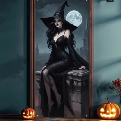 Halloween Door Cover Outdoor Banners Witch Psychedelic Dark Punk Gothic Style Party Outdoor Shooting Backgrounds Front Door Wall Porch Decorations Wall Door Background