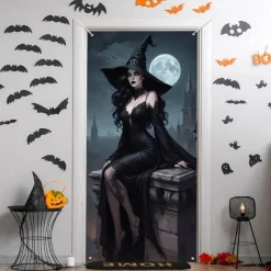 Halloween Door Cover Outdoor Banners Witch Psychedelic Dark Punk Gothic Style Party Outdoor Shooting Backgrounds Front Door Wall Porch Decorations Wall Door Background