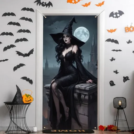 Halloween Door Cover Outdoor Banners Witch Psychedelic Dark Punk Gothic Style Party Outdoor Shooting Backgrounds Front Door Wall Porch Decorations Wall Door Background