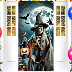 Halloween Door Cover Outdoor Banners Skeleton Psychedelic Dark Punk Gothic Style Party Outdoor Shooting Backgrounds Front Door Wall Porch Decorations Wall Door Background