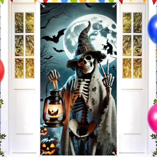 Halloween Door Cover Outdoor Banners Skeleton Psychedelic Dark Punk Gothic Style Party Outdoor Shooting Backgrounds Front Door Wall Porch Decorations Wall Door Background