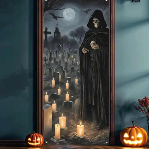 Halloween Door Cover Outdoor Banners Skeleton Grim Reaper Psychedelic Dark Punk Gothic Style Party Outdoor Shooting Backgrounds Front Door Wall Porch Decorations Wall Door Background