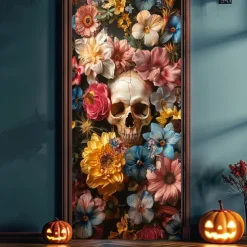 Halloween Door Cover Outdoor Banners Skeleton Flower Psychedelic Dark Punk Gothic Style Party Outdoor Shooting Backgrounds Front Door Wall Porch Decorations Wall Door Background
