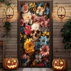 Halloween Door Cover Outdoor Banners Skeleton Flower Psychedelic Dark Punk Gothic Style Party Outdoor Shooting Backgrounds Front Door Wall Porch Decorations Wall Door Background