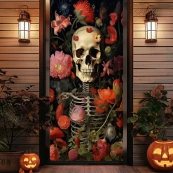 Halloween Door Cover Outdoor Banners Skeleton Flower Psychedelic Dark Punk Gothic Style Party Outdoor Shooting Backgrounds Front Door Wall Porch Decorations Wall Door Background