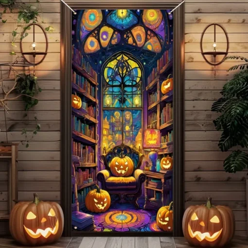 Halloween Door Cover Outdoor Banners Pumpkin UFO Fantasy Psychedelic Party Outdoor Shooting Backgrounds Front Door Wall Porch Decorations Wall Door Background