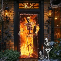 Halloween Door Cover Outdoor Banners Skeleton Flame Psychedelic Dark Punk Gothic Style Party Outdoor Shooting Backgrounds Front Door Wall Porch Decorations Wall Door Background
