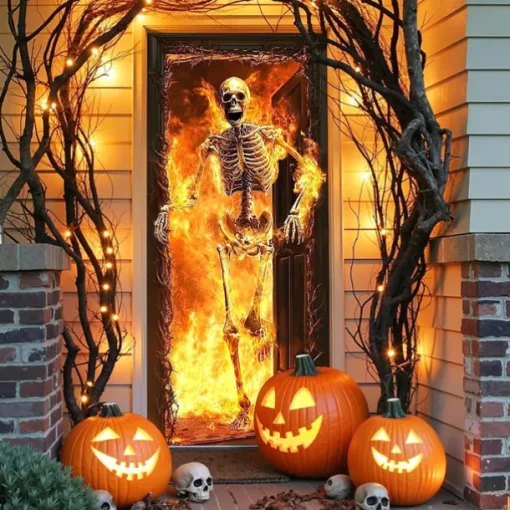 Halloween Door Cover Outdoor Banners Skeleton Flame Psychedelic Dark Punk Gothic Style Party Outdoor Shooting Backgrounds Front Door Wall Porch Decorations Wall Door Background