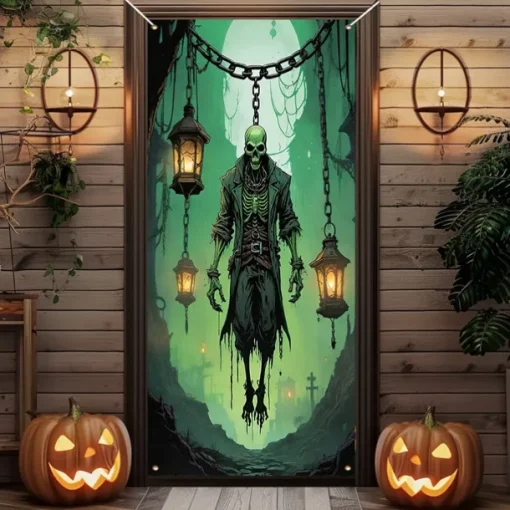 Halloween Door Cover Outdoor Banners Skeleton Pumpkin Psychedelic Dark Punk Gothic Style Party Outdoor Shooting Backgrounds Front Door Wall Porch Decorations Wall Door Background