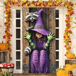 Halloween Door Cover Outdoor Banners Witch Psychedelic Dark Punk Gothic Style Party Outdoor Shooting Backgrounds Front Door Wall Porch Decorations Wall Door Background