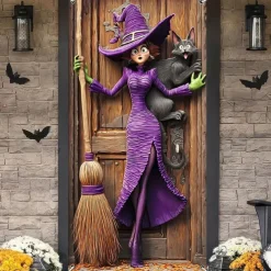 Halloween Door Cover Outdoor Banners Witch Psychedelic Dark Punk Gothic Style Party Outdoor Shooting Backgrounds Front Door Wall Porch Decorations Wall Door Background