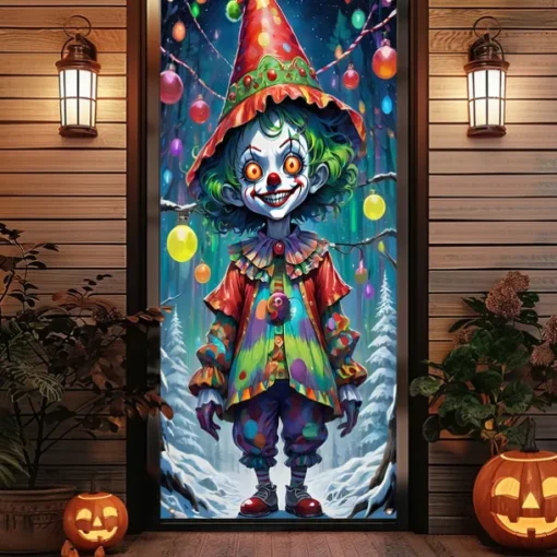 Halloween Door Cover Outdoor Banners Clown Psychedelic Dark Punk Gothic Style Party Outdoor Shooting Backgrounds Front Door Wall Porch Decorations Wall Door Background