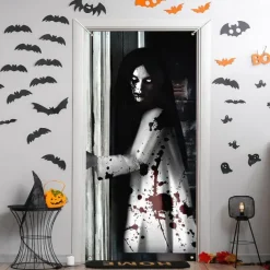 Halloween Door Cover Outdoor Banners Witch Ghost Psychedelic Dark Punk Gothic Style Party Outdoor Shooting Backgrounds Front Door Wall Porch Decorations Wall Door Background