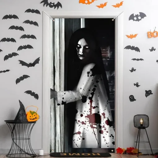 Halloween Door Cover Outdoor Banners Witch Ghost Psychedelic Dark Punk Gothic Style Party Outdoor Shooting Backgrounds Front Door Wall Porch Decorations Wall Door Background
