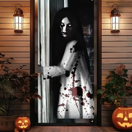 Halloween Door Cover Outdoor Banners Witch Ghost Psychedelic Dark Punk Gothic Style Party Outdoor Shooting Backgrounds Front Door Wall Porch Decorations Wall Door Background