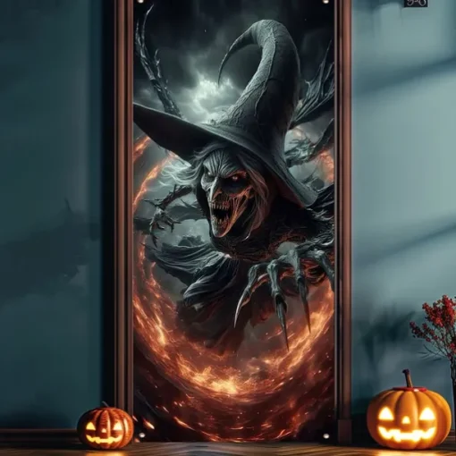 Halloween Door Cover Outdoor Banners Witch 3D Psychedelic Party Outdoor Shooting Backgrounds Front Door Wall Porch Decorations Wall Door Background