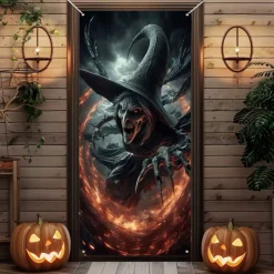 Halloween Door Cover Outdoor Banners Witch 3D Psychedelic Party Outdoor Shooting Backgrounds Front Door Wall Porch Decorations Wall Door Background