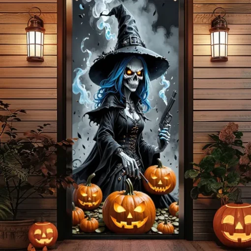 Halloween Door Cover Outdoor Banners Witch 3D Psychedelic Party Outdoor Shooting Backgrounds Front Door Wall Porch Decorations Wall Door Background