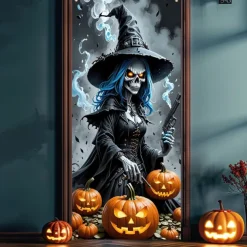Halloween Door Cover Outdoor Banners Witch 3D Psychedelic Party Outdoor Shooting Backgrounds Front Door Wall Porch Decorations Wall Door Background