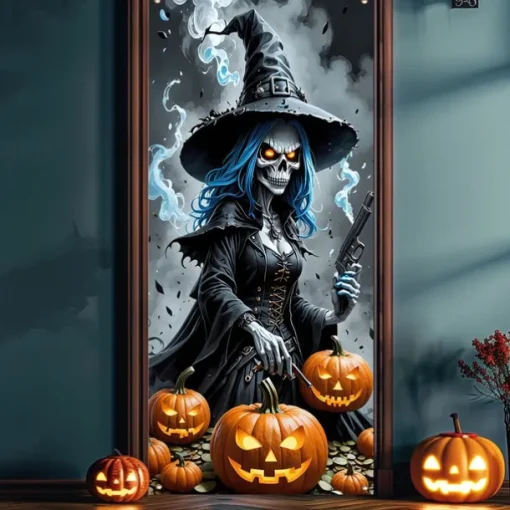 Halloween Door Cover Outdoor Banners Witch 3D Psychedelic Party Outdoor Shooting Backgrounds Front Door Wall Porch Decorations Wall Door Background