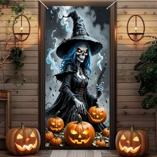 Halloween Door Cover Outdoor Banners Witch 3D Psychedelic Party Outdoor Shooting Backgrounds Front Door Wall Porch Decorations Wall Door Background