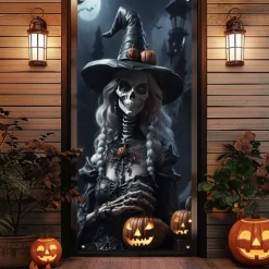 Halloween Door Cover Outdoor Banners Witch 3D Psychedelic Party Outdoor Shooting Backgrounds Front Door Wall Porch Decorations Wall Door Background