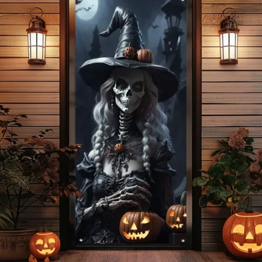 Halloween Door Cover Outdoor Banners Witch 3D Psychedelic Party Outdoor Shooting Backgrounds Front Door Wall Porch Decorations Wall Door Background