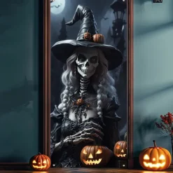 Halloween Door Cover Outdoor Banners Witch 3D Psychedelic Party Outdoor Shooting Backgrounds Front Door Wall Porch Decorations Wall Door Background