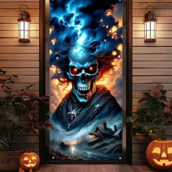 Halloween Door Cover Outdoor Banners Skeleton 3D Psychedelic Party Outdoor Shooting Backgrounds Front Door Wall Porch Decorations Wall Door Background