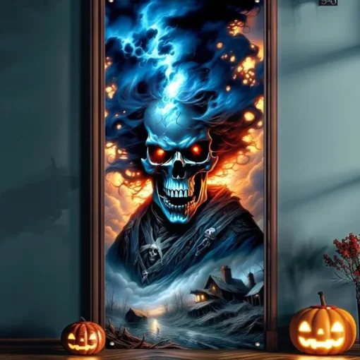 Halloween Door Cover Outdoor Banners Skeleton 3D Psychedelic Party Outdoor Shooting Backgrounds Front Door Wall Porch Decorations Wall Door Background