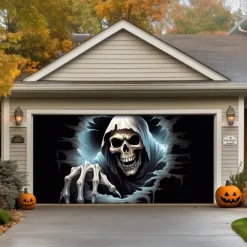 Halloween Door Decorations Outdoor Halloween Garage Door Cover Skeletons Banner Large Tapestry Backdrop Decoration for Holiday Outdoor Garage Door Home Wall Decorations