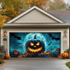Halloween Door Decorations Outdoor Halloween Garage Door Cover Jack O Lantern Banner Pumpkin Skeleton Outside Large Backdrop Decoration for Holiday Outdoor Garage Door Home Wall Decorations