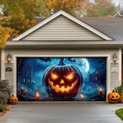 Halloween Door Decorations Outdoor Halloween Garage Door Cover Jack O Lantern Banner Pumpkin Skeleton Outside Large Backdrop Decoration for Holiday Outdoor Garage Door Home Wall Decorations
