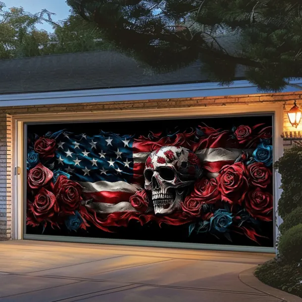 Halloween Door Decorations Garage Door Cover Skull 4th of July Independence Day Outdoor Banner Large Backdrop for Holiday Outdoor Garage Door Home Wall Decorations