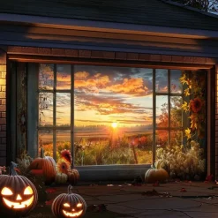 Halloween Door Decorations Outdoor Garage Door Cover Pumpkin Field Banner Scary Forest Large Backdrop Decoration for Holiday Outdoor Garage Door Home Wall Decorations
