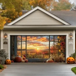 Halloween Door Decorations Outdoor Garage Door Cover Pumpkin Field Banner Scary Forest Large Backdrop Decoration for Holiday Outdoor Garage Door Home Wall Decorations