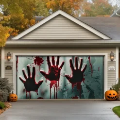 Halloween Door Decorations Outdoor Halloween Garage Door Cover Bloody Hands Banner Scary Castle Large Backdrop Decoration for Holiday Outdoor Garage Door Home Wall Decorations