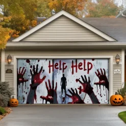 Halloween Door Decorations Outdoor Halloween Garage Door Cover Bloody Hands Banner Scary Castle Large Backdrop Decoration for Holiday Outdoor Garage Door Home Wall Decorations