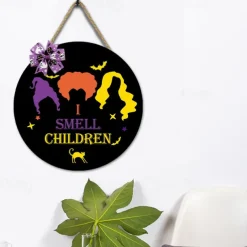 Halloween Door Sign Hocus Pocus Decor - I Smell Children Wall Decor - Wooden Door Hangers Wreath with Bow for Halloween Decorations Indoor Party Supplies