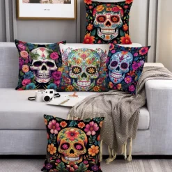 Halloween Double Side Pillow Cover 1PC Skull Day of Dead Soft Decorative Square Cushion Case Pillowcase for Bedroom Livingroom Sofa Couch Chair Decorations